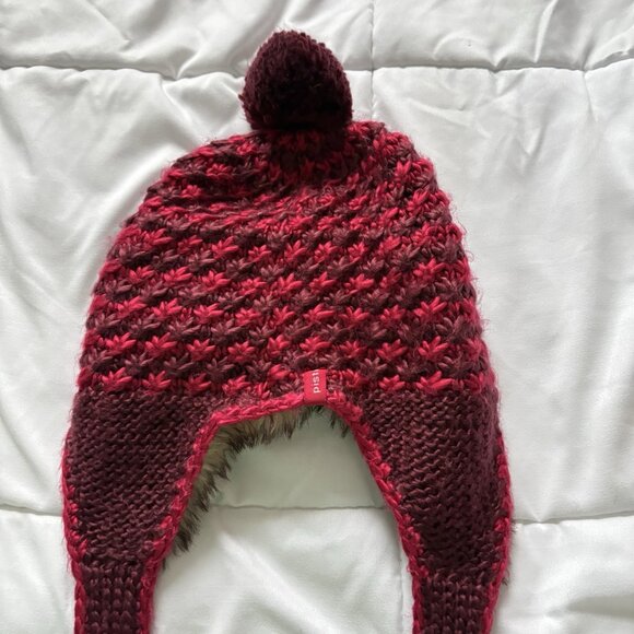 Pistil Aster Basket Weave Knit Earflap Pompom Red Festival Winter Fall Cap Hat - Picture 7 of 7